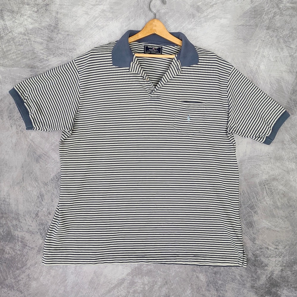 Vtg 90s Polo Sport Sportsman Ralph Lauren Striped Pocket Polo Shirt Navy XXL